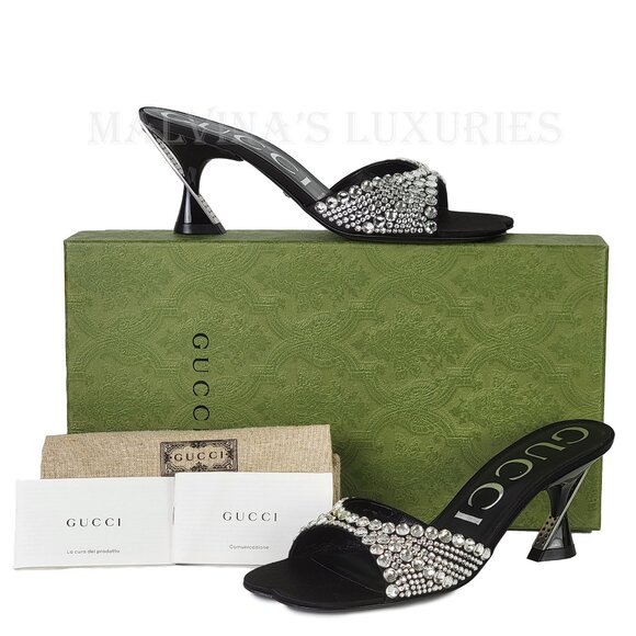 GUCCI SHOES GALACTICA CRYSTAL EMBELLISHED SATIN MULES SANDALS sz 36.5 6.5 - Picture 2 of 15
